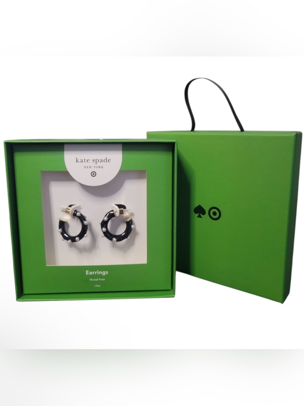 kate spade Black Hoop Earrings with Gold Accents & faux pearls NWT